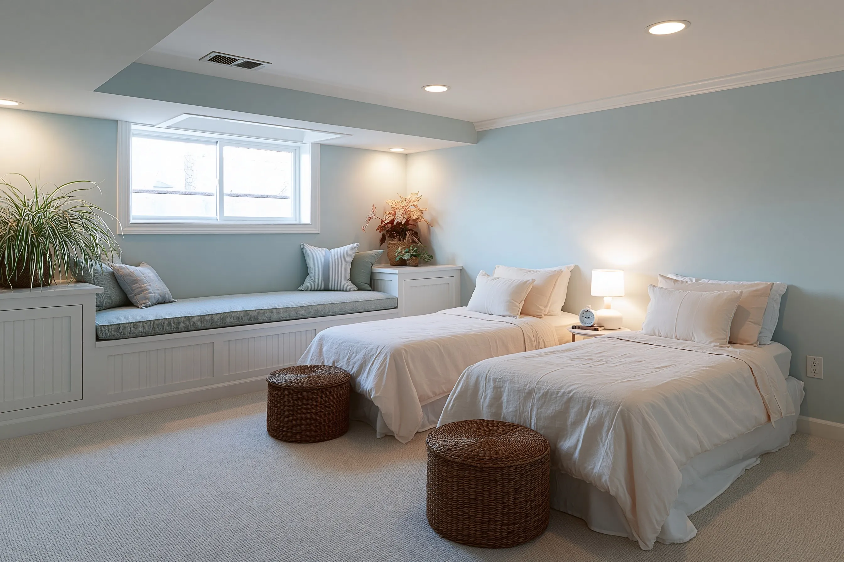 Basement bedroom with two twin beds, a built-in storage bench under a window and pale blue walls, with daylight from the window well