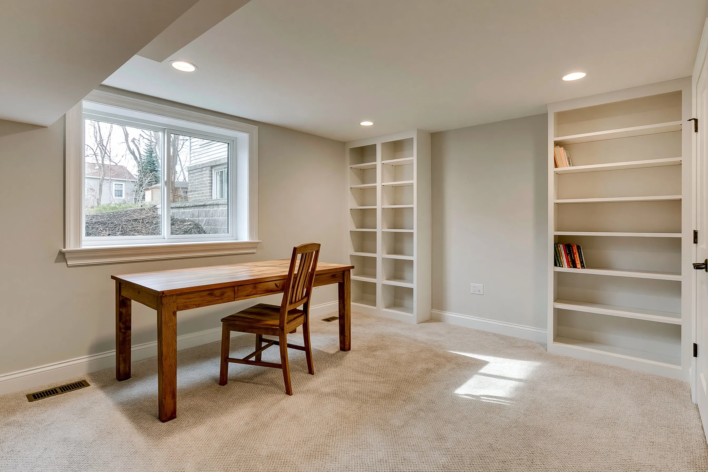 Finished basement home office with a desk under an egress window, bookshelves and carpet