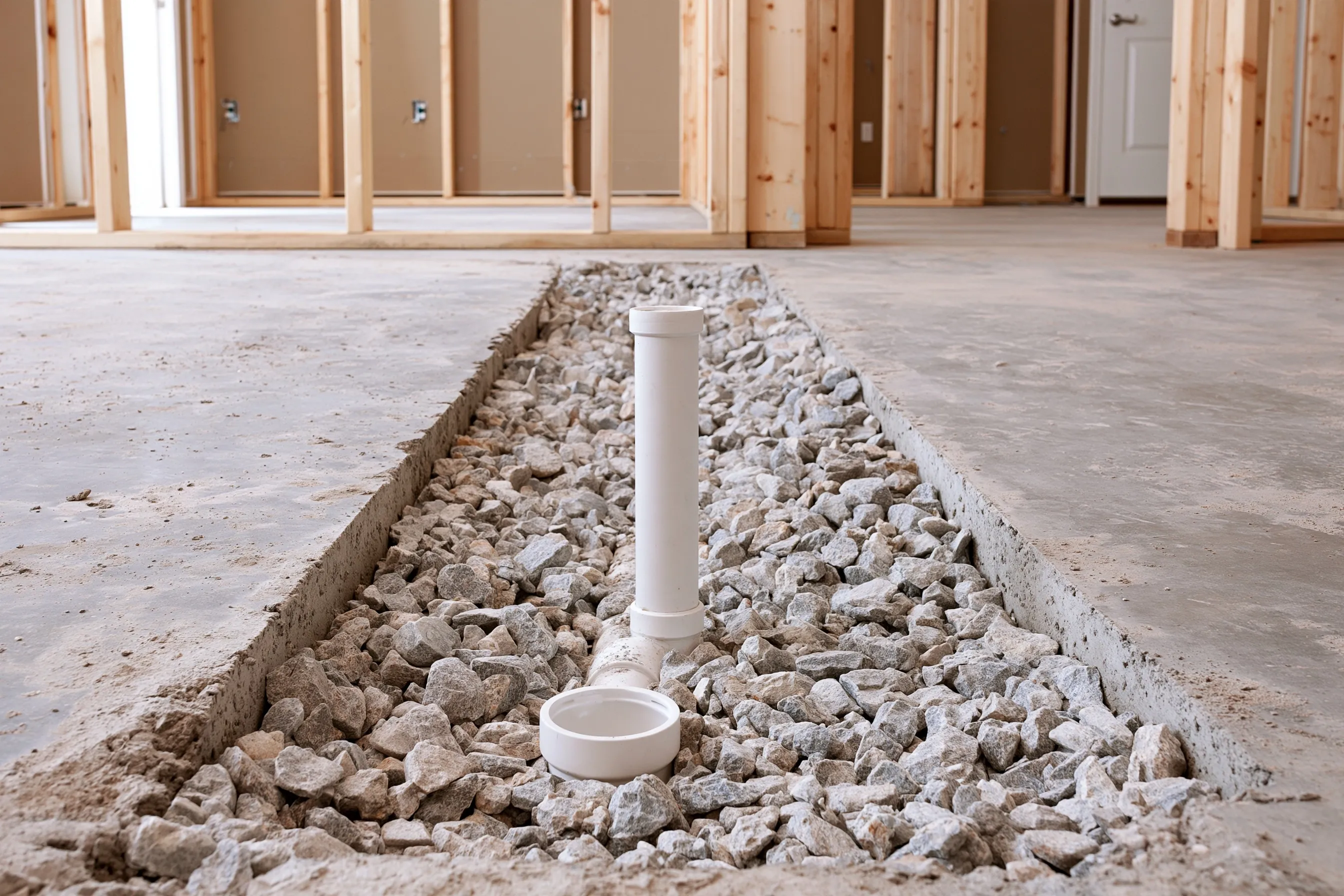 Saw-cut trench in the concrete floor of an unfinished basement with white drain pipe and a floor drain stub, and framing for a bathroom wall nearby