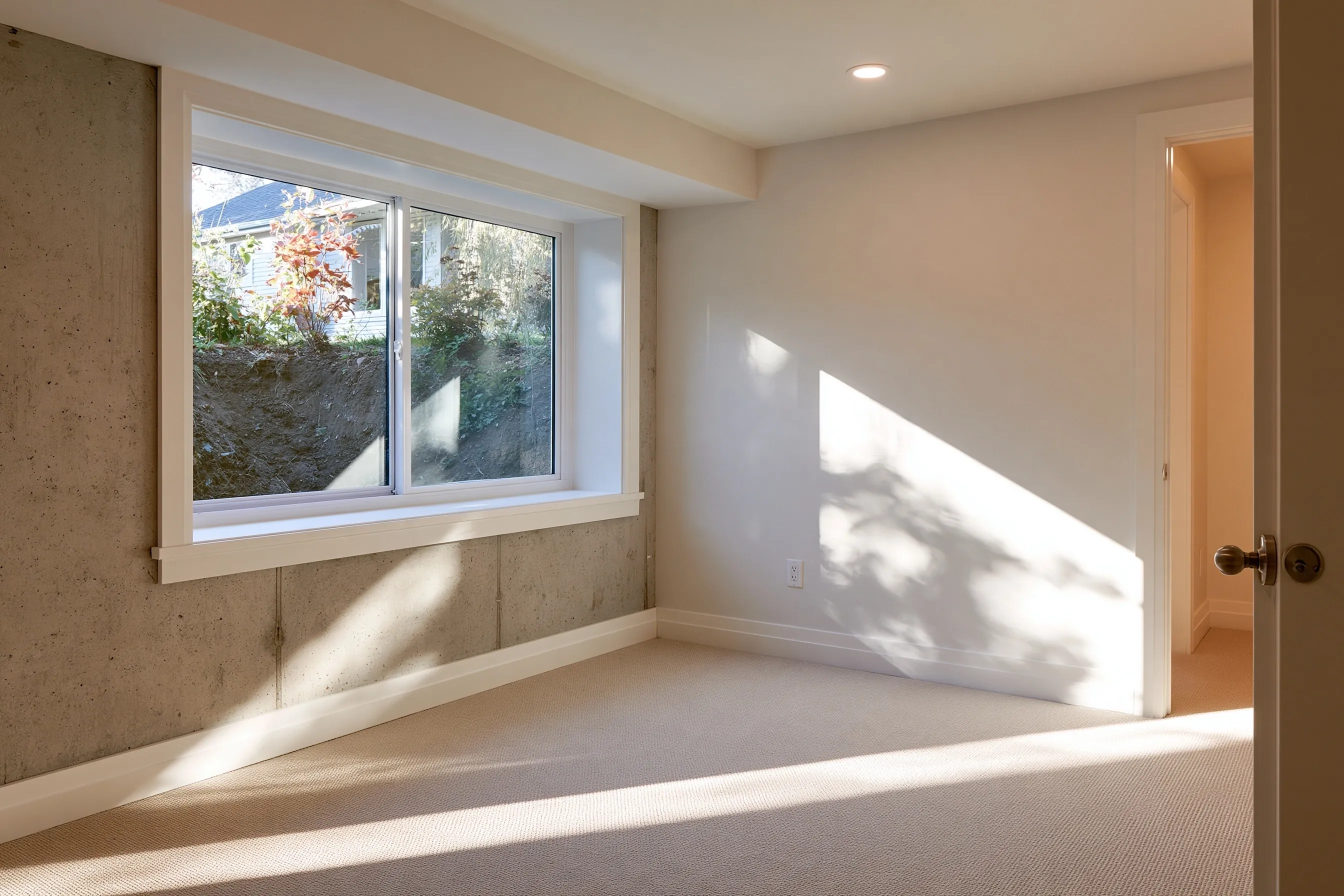 Wide horizontal sliding window set in the concrete foundation wall of an empty finished basement room, with daylight falling on the carpet