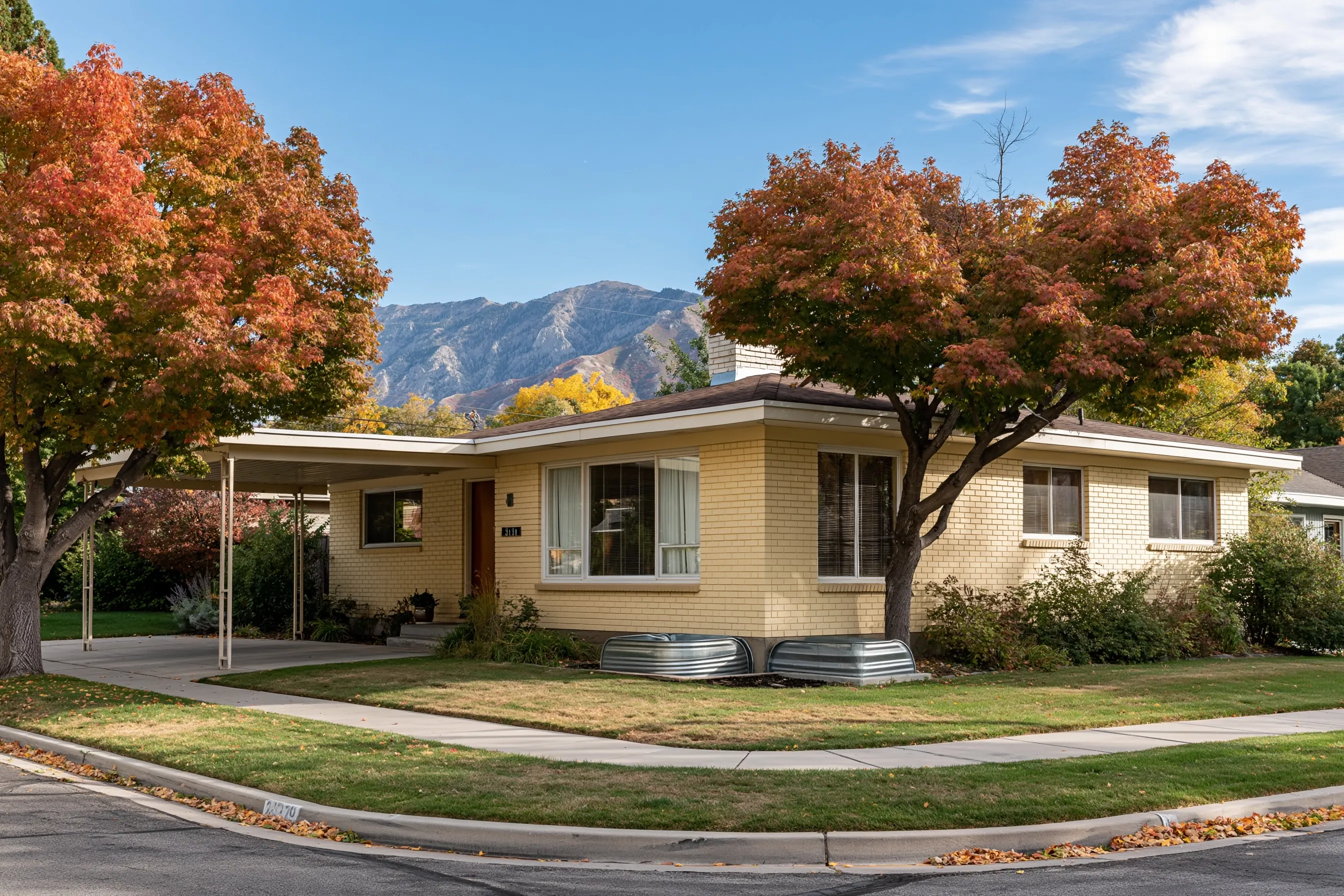 Pale yellow 1950s rambler on a corner lot with a carport, galvanized window wells at the foundation, autumn maples and the Wasatch Mountains behind