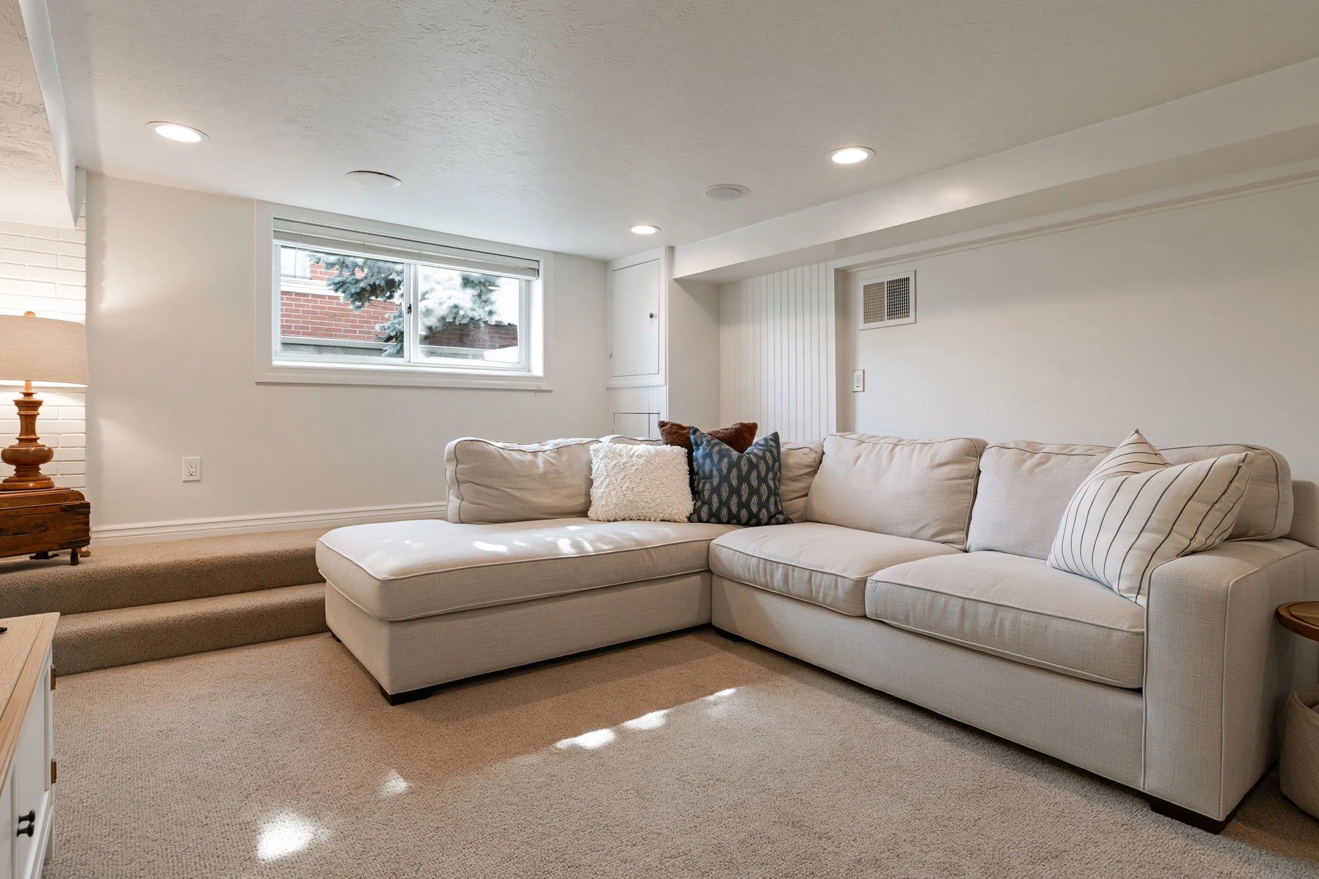 Finished basement family room with a large cream sectional sofa on carpet, white walls, recessed ceiling lights and a small window high on the wall letting in daylight