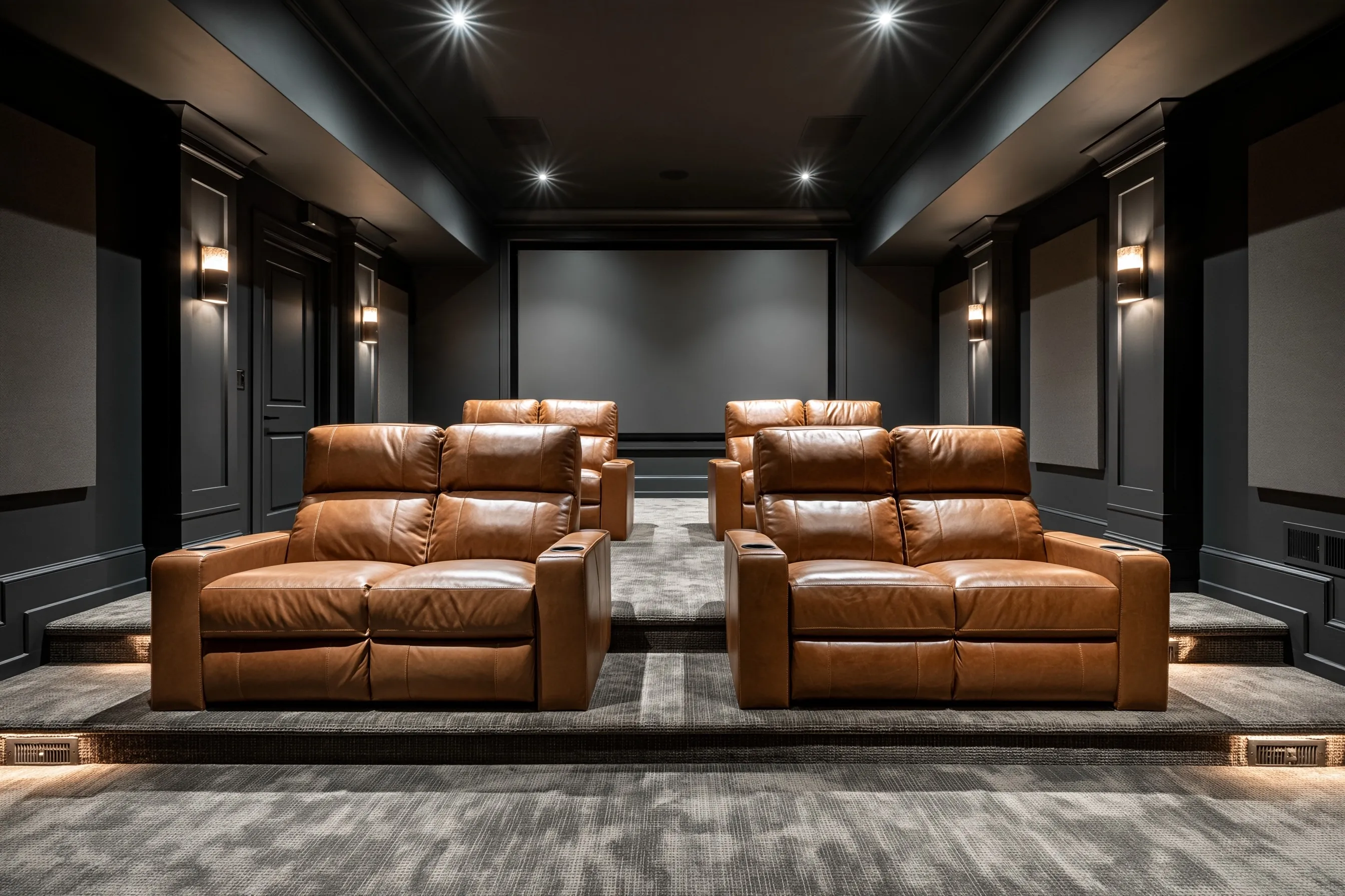 Basement home theater with two tiers of recliners facing a blank projection wall, dark painted walls and acoustic panels